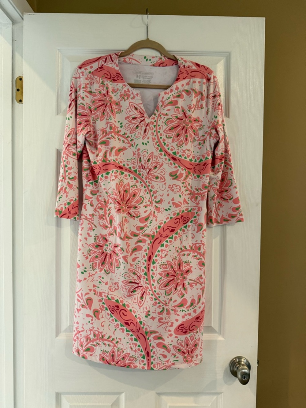 Lightbare Women's Pink Paisley Floral Midi Dress with V-Notch